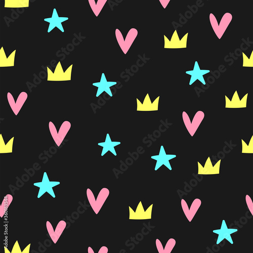 Seamless pattern with crowns, hearts and stars. Cute vector illustration.