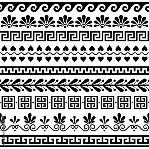 Greek seamless vector pattern set - ancient floral and geometric ornament, key pattern in black and white
 