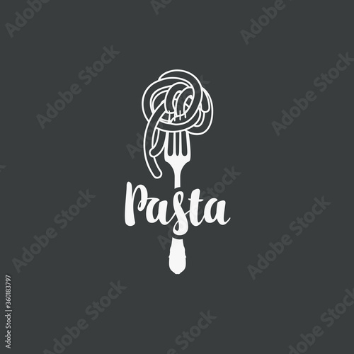 Fork with spaghetti, black and white illustration in flat style. Vector banner with italian pasta on a fork and calligraphic lettering. Suitable for menu, label, logo, flyer, sticker, design elements