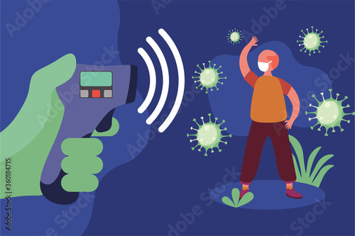 Hand holding thermometer gun checking man temperature vector design