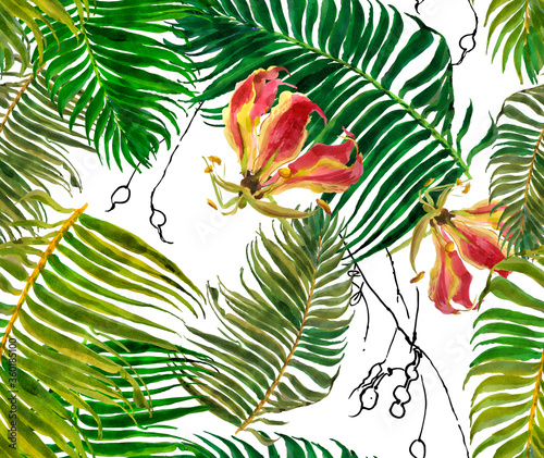 Seamless Pattern Watercolor Hand Painted Artwork Illustration Red Flower Tropics with Palm Leaves