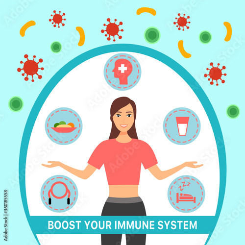 Boost your immune system concept vector illustration. Healthy woman reflect bacteria and virus attack. Medical prevention human boosters. Boost immunity with healthy lifestyle.
