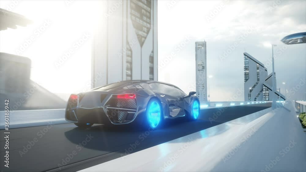 black futuristic electric car very fast driving in sci fi sity, town. Concept of future. Realistic 4k animation.