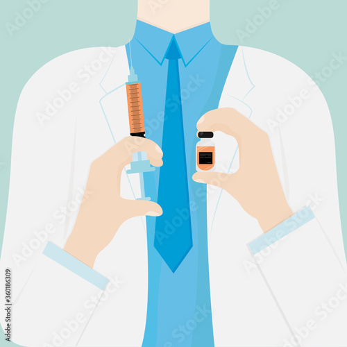 Doctor in a white coat holds a syringe with virus cure and a vaccine. Medical character concept design. Coronavirus vaccination. Flat cartoon style vector illustration.