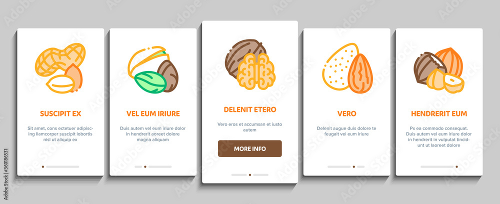 Nut Food Different Onboarding Mobile App Page Screen Vector. Peanut And Almond, Chestnut And Macadamia, Cashew And Pistachio, Pine And Sunflower Seeds Color Illustrations