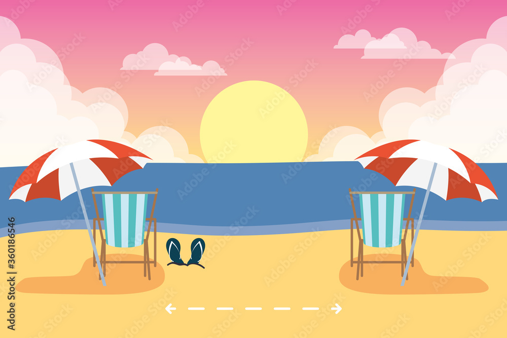 beach chairs with social distancing scene ,summer time vacations