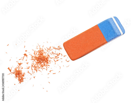 Canvastavla Eraser and eraser scrap isolated on a white background. Top view.