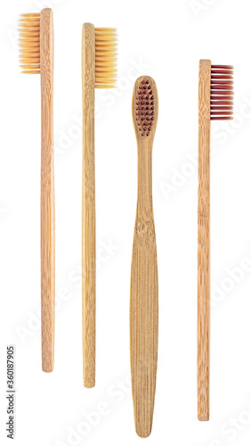Bamboo toothbrushes on white background, dental concept. Eco-friendly bamboo toothbrushes.