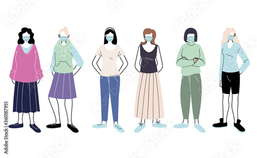 young women with medical mask standing on white background