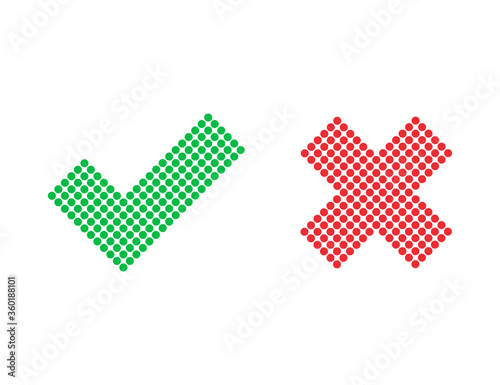 Checkmark and cross icons. Red and green positive and negative answer. Correct and incorrect sign. Yes and no iocns. Dotted style of check mark tick. Isolated X button. Error sign. Vector EPS 10. photo