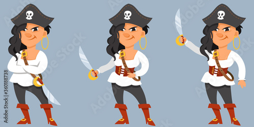 Female pirate in different poses. Character in cartoon style.