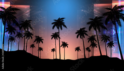 Empty dark tropical background of night sea beach  neon light  city lights. Silhouettes of tropical palm trees on a background of bright abstract sunset. Modern futuristic landscape. 3d illustration 