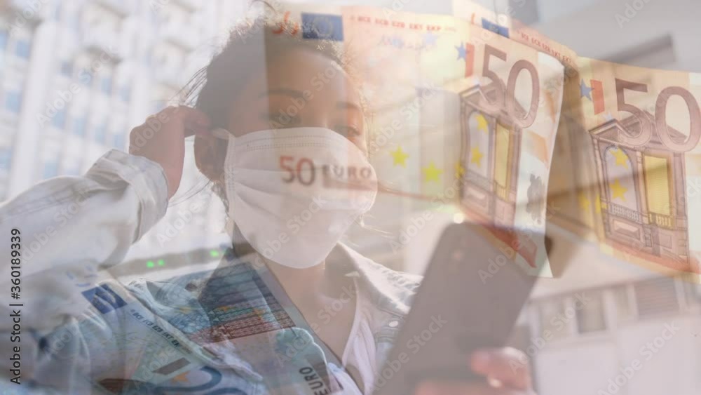 Digital composite video of euro bills moving against woman wearing a face mask using smartphone Digital composite video of euro bills moving against woman wearing a face mask using smartphone