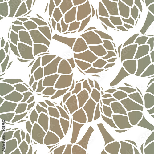 Vector Artichokes in Green Brown Ombre Scattered on White Seamless Repeat Pattern. Background for textiles, cards, manufacturing, wallpapers, print, gift wrap and scrapbooking.