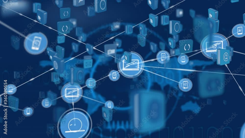 Animation webs of connections and social icons with a blue circles in background Animation webs of connections and social icons with a blue circles in background