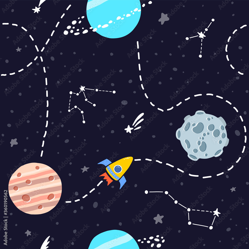 Fototapeta premium Space pattern with planets and stars. Cute design 