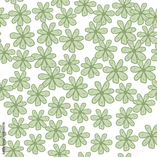 Green chamomiles flowers seamless pattern on white background. Abstract daisies floral endless wallpaper.