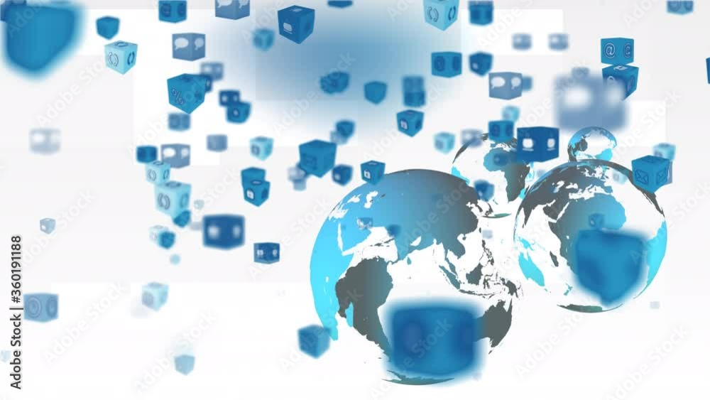Animation of globes with blue square icons on white background Animation of globes with blue square icons on white background