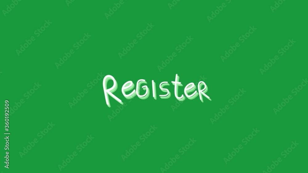 Animation of word Register with rays flickering on green background