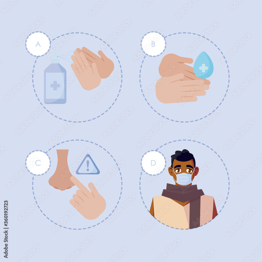 Man with medical mask and icon set vector design