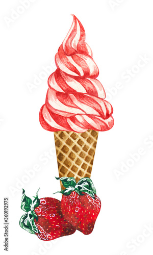 Watercolor strowberry ice cream cone isolated on white background. Hand drawn illustration fresh strowberies and a red ice creams in a waffle cone photo