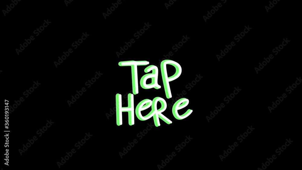 Animation of words Tap Here with rays, flickering and changing colours on black background Animation of words Tap Here with rays, flickering and changing colours on black background