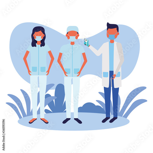 male doctor holding thermometer gun checking people temperature vector design