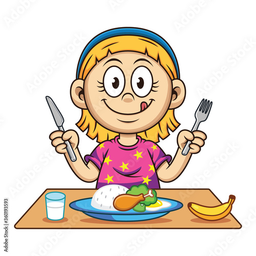girl who is eating nutritious food with milk and fruit cartoon