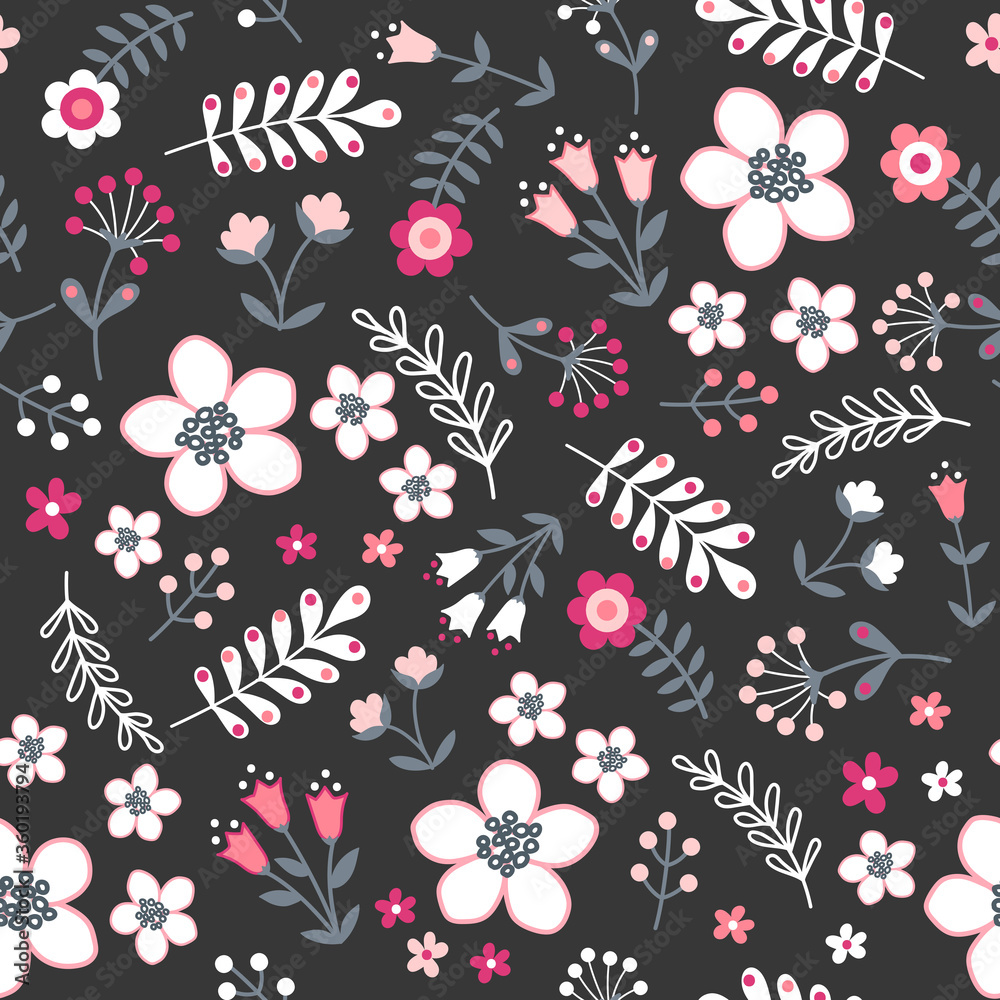 Seamless surface repeat vector pattern design with little white and pink flowers and gray leaves on a black background Seamless surface repeat vector pattern design with little white and pink flowers and gray leaves on a black background