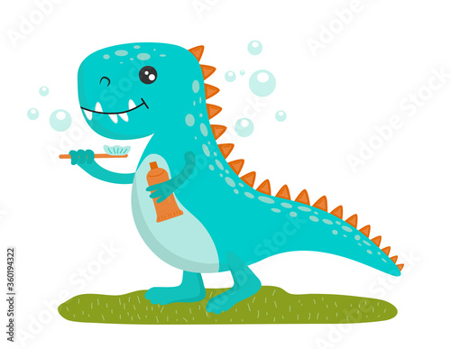 A blue cute little baby dinosaur with a toothbrush and paste stands on green grass surrounded by soap bubbles. Flat vector isolated illustration.