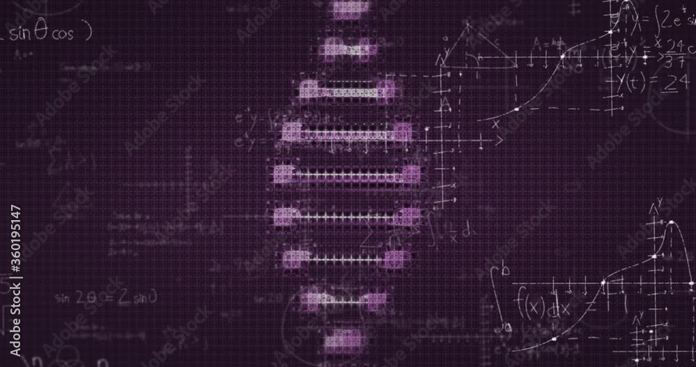 Animation of mathematical formula and shapes moving over DNA on purple background