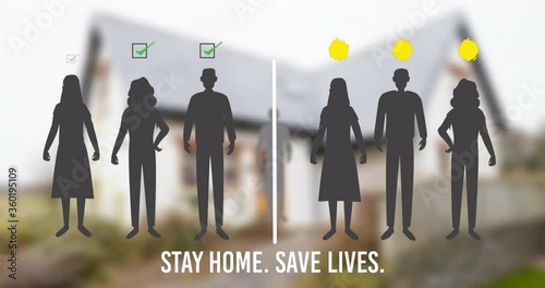 Animation of people in line with or without virus thanks to social distancing