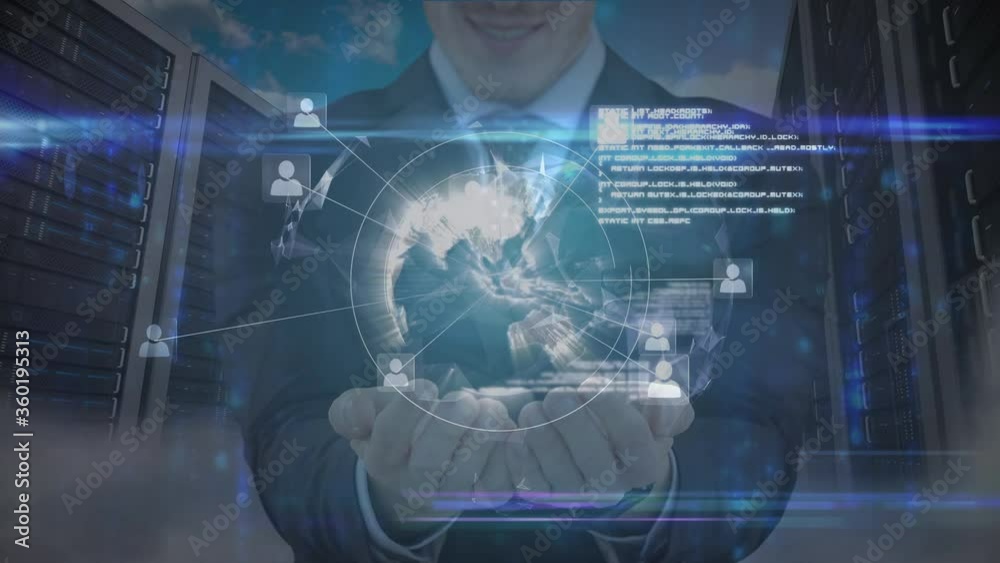 Animation of Caucasian man presenting a 3D globe model with network connections of people 