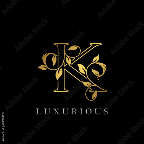 Golden Outline Letter K Luxury Logo Icon, Vintage Gold K Letter Logo