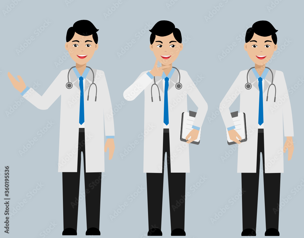 Young male doctor in gown uniform with stethoscope in 3 different manners. Isolated on light background. Vector Illustration. Idea for healthcare and medical business. Young male doctor in gown uniform with stethoscope in 3 different manners. Isolated on light background. Vector Illustration. Idea for healthcare and medical business.