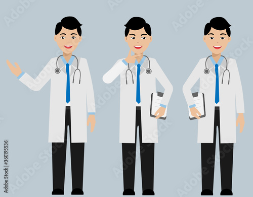Young male doctor in gown uniform with stethoscope in 3 different manners. Isolated on light  background. Vector Illustration. Idea for healthcare and medical business.