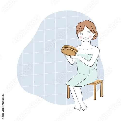 お風呂で体を洗い流している女性のイラスト　(全身)