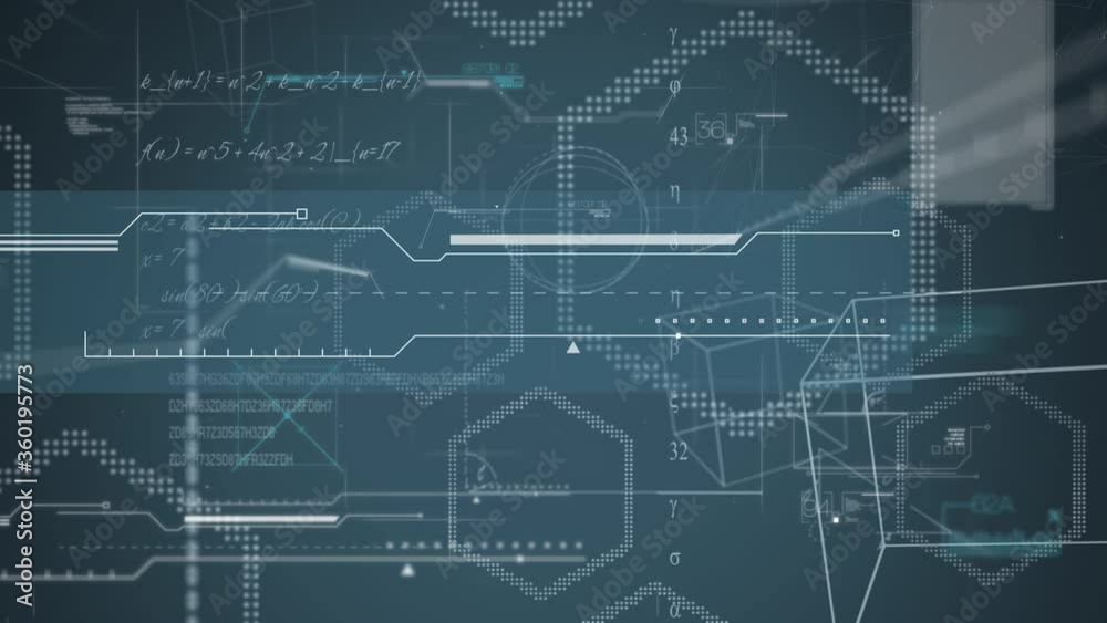 Animation of geometric shapes and data processing and network of screens on blue background Animation of geometric shapes and data processing and network of screens on blue background