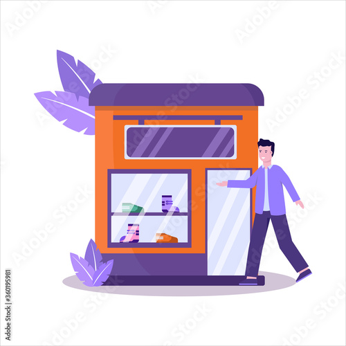 Flat vector illustration of shoe stores have a large sneaker collection and serve shoppers well
