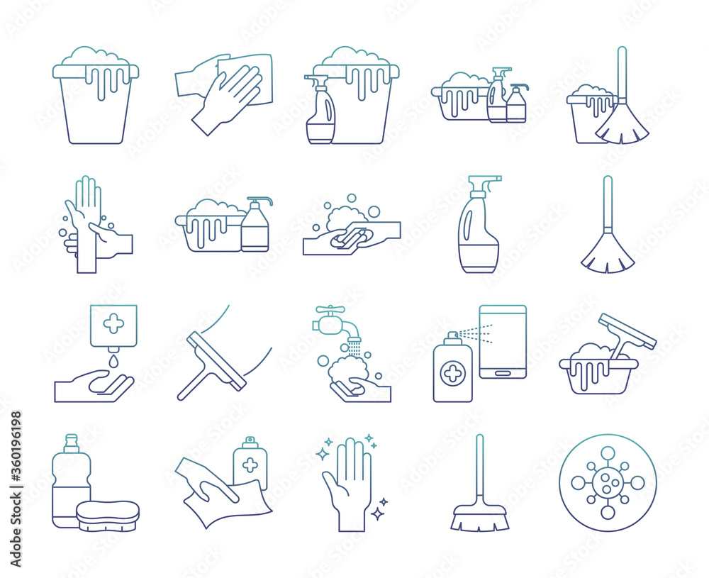 Cleaning service degraded line style icon set vector design Cleaning service degraded line style icon set vector design