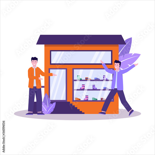 Flat vector illustration of shoe stores have a large sneaker collection and serve shoppers well