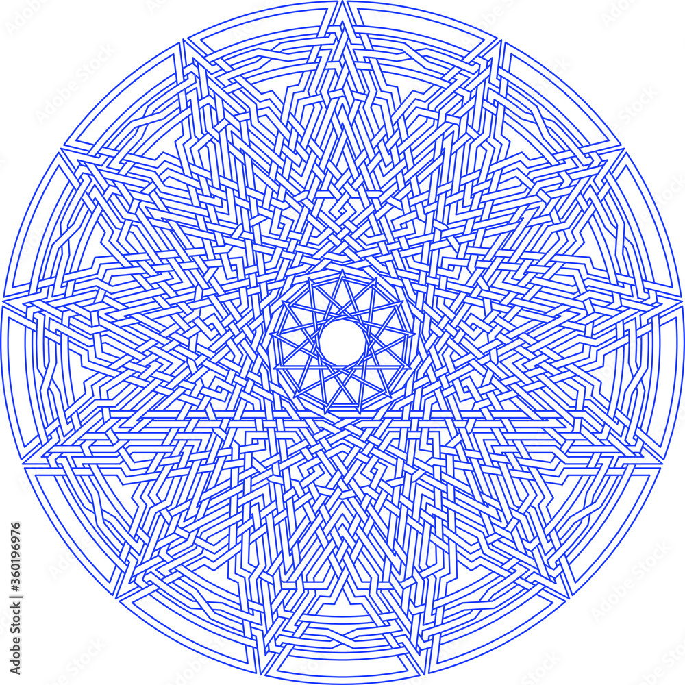Celtic star circular pattern with tridecagram geometric shape clock pattern inside huge tridecagon with floral vortex vector pentagram background