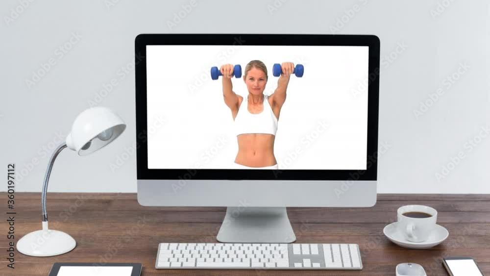Animation of a computer monitor showing Caucasian woman exercising with dumbbells Animation of a computer monitor showing Caucasian woman exercising with dumbbells