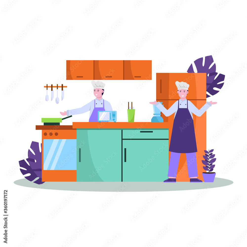 Flat vector illustration of chef prepares food well for shoppers in restaurants Flat vector illustration of chef prepares food well for shoppers in restaurants