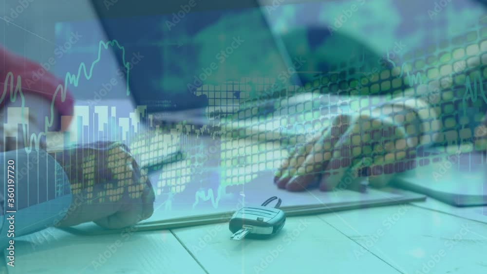 Animation of statistics and data processing over people writing on file of papers and shaking hands Animation of statistics and data processing over people writing on file of papers and shaking hands