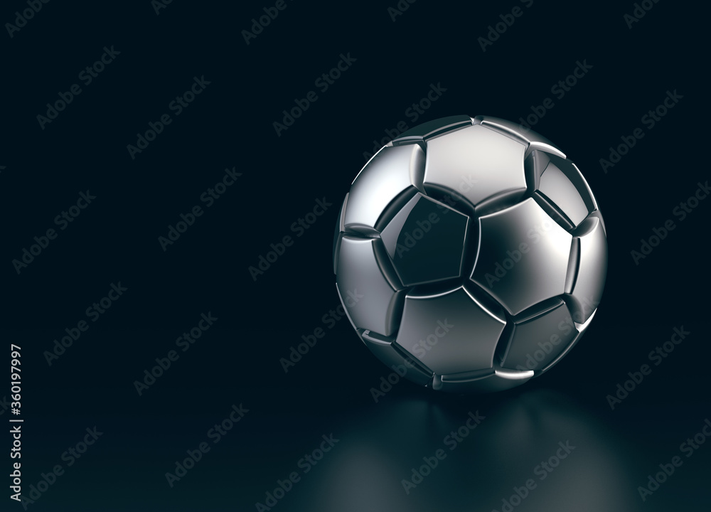 Obraz premium Futuristic soccer ball made of metal on black background. 3d illustration