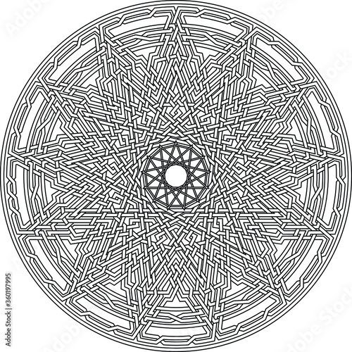 Celtic star circular pattern with tridecagram geometric shape clock pattern inside huge tridecagon with floral vortex vector pentagram background