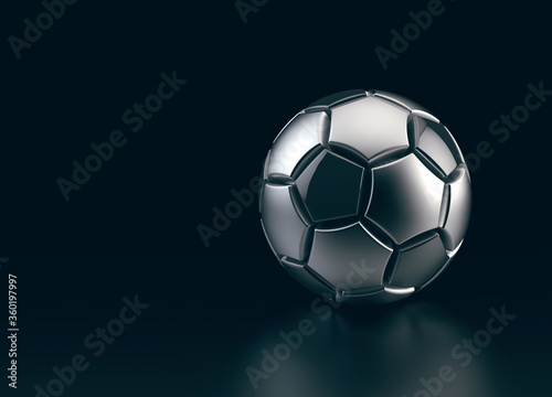 Futuristic soccer ball made of metal on black background. 3d illustration