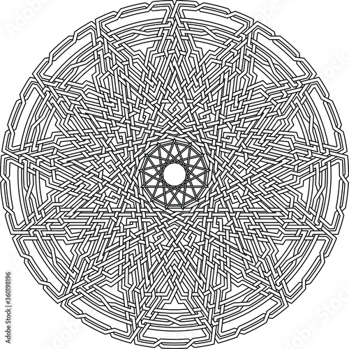 Celtic star circular pattern with tridecagram geometric shape clock pattern inside huge tridecagon with floral vortex vector pentagram background