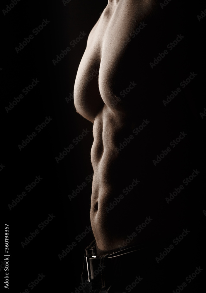 Naklejka premium Sportsman, muscles, athlete males with naked torso. Sportsman, bodybuilding, fitness. Male naked, muscular guy, torso man, ab, six pack. Sexy mans with muscular body, nude torso.